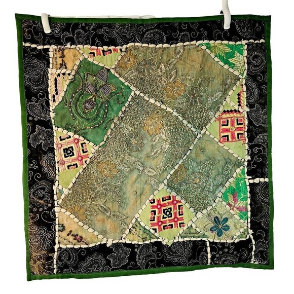 Patchwork Beaded Sari Floor Pillow/Cushion Cover Pair 26" Sq Green Multi Vintage - Picture 2 of 10